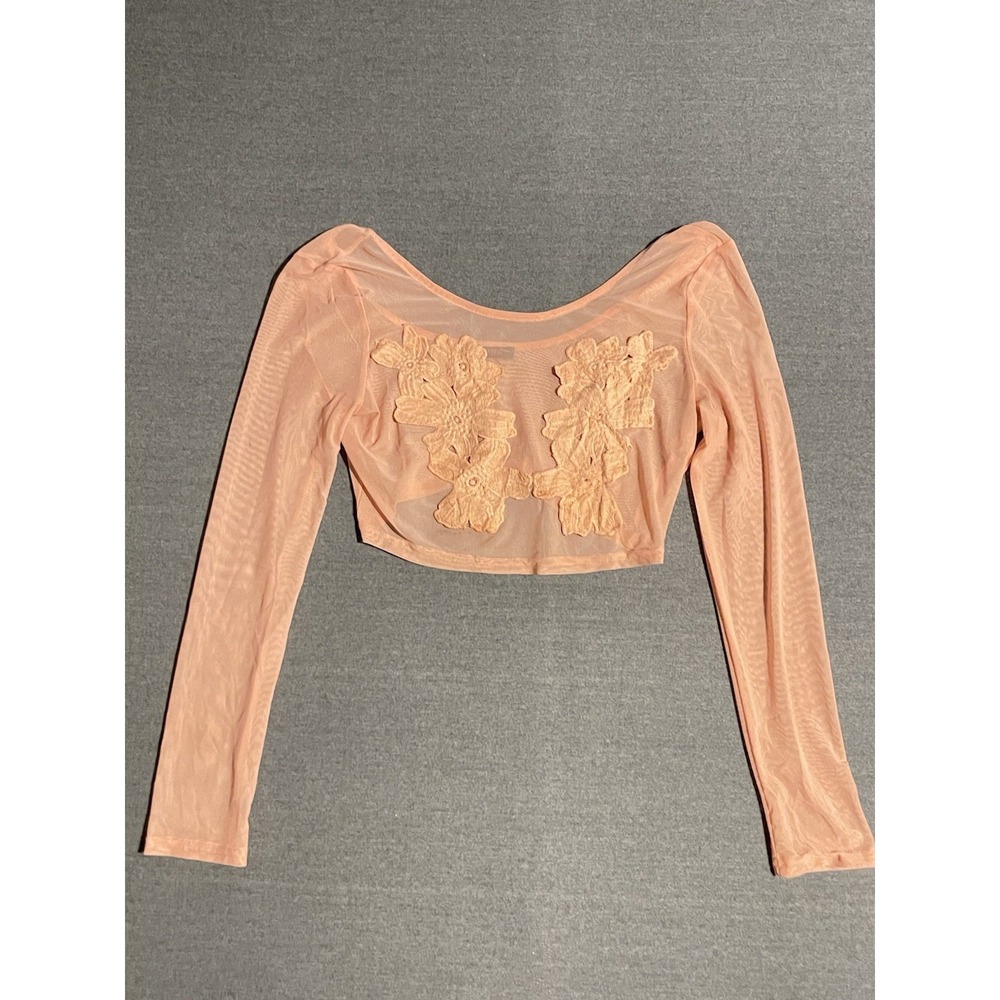 Blush Peach Sheer Mesh Crop Top Womens Long Sleeve Floral Applique Size Medium
